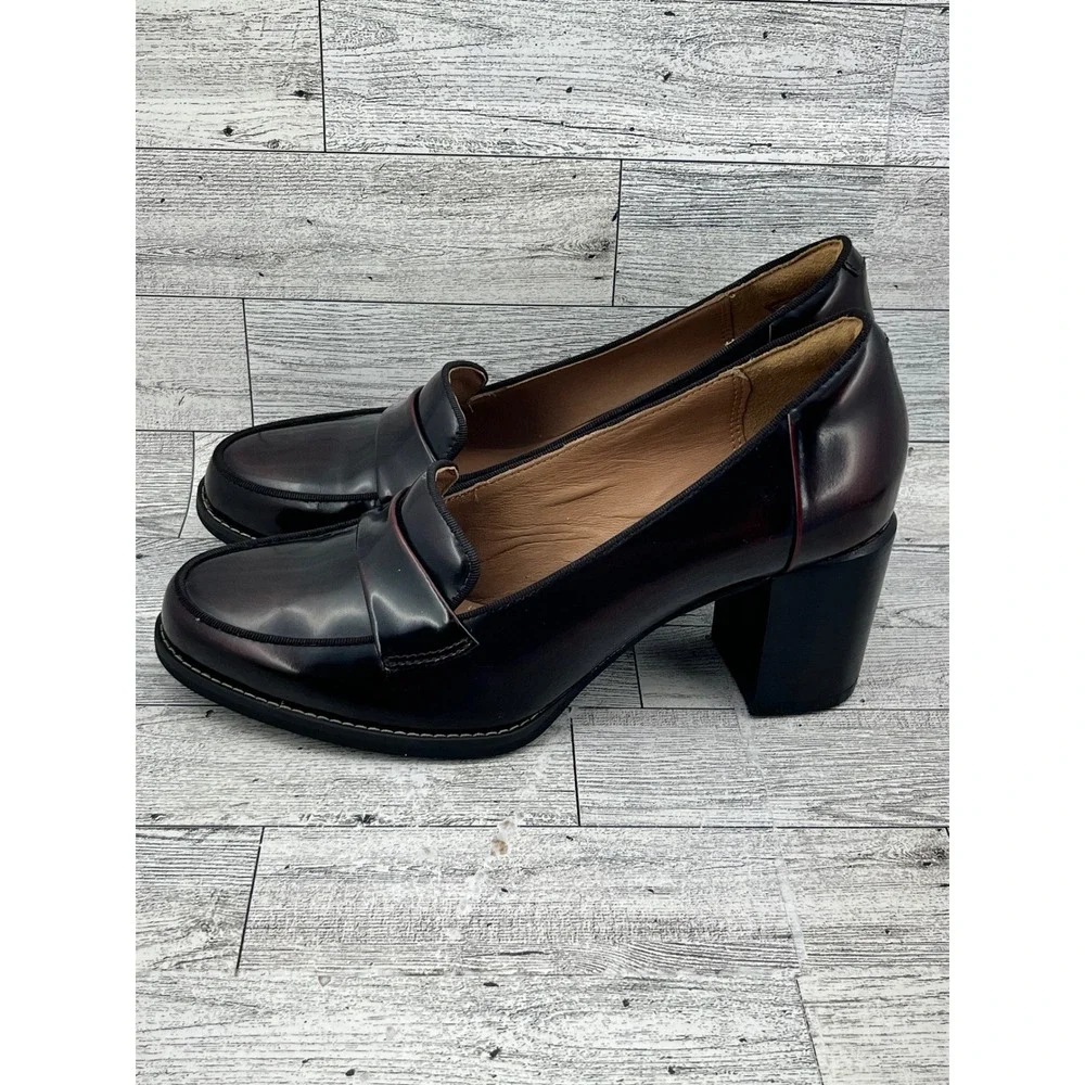 Clarks Artisan Women Burgundy Leather Block Heel‎ Penny Loafers Size 6M